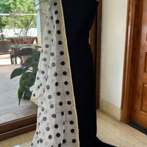 Pure Black Dress Material with White Polka Dot Dupatta