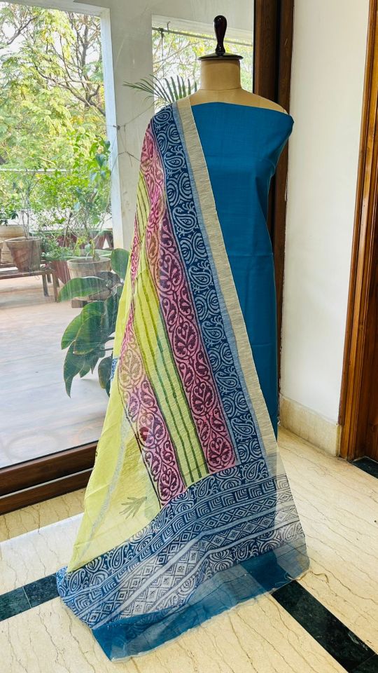 Blue Linen Dress Material with Designer Pink & Blue Dupatta