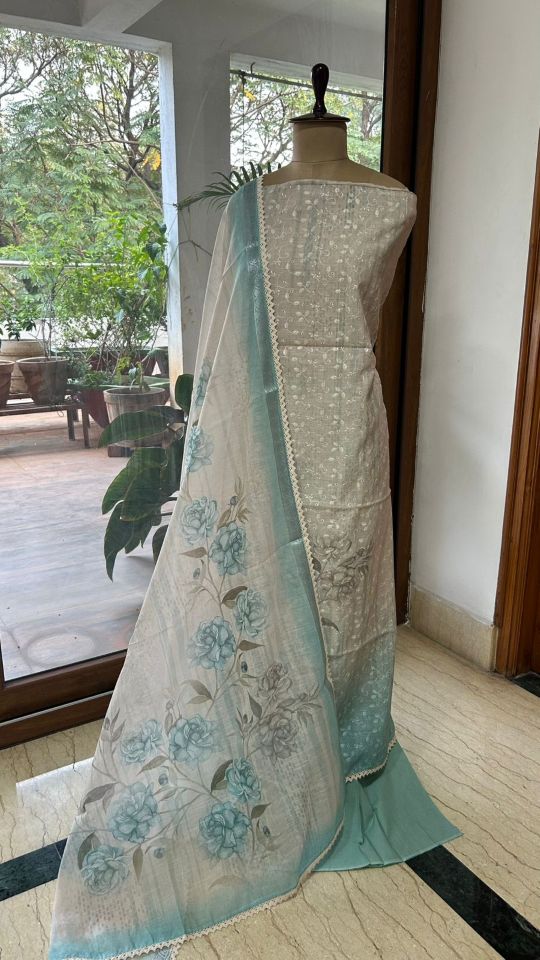 Linen Dress Material with Chikankari Embroidery & Digital Print Dupatta