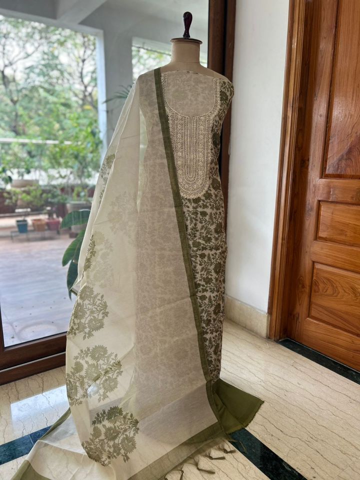 Pure Chanderi Dress Material with Heavy Embroidered Neck & Digital Print Dupatta