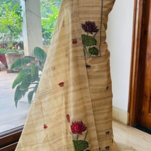 Beige Linen Jamdani Dress Material with Lotus Motifs & Matching Dupatta