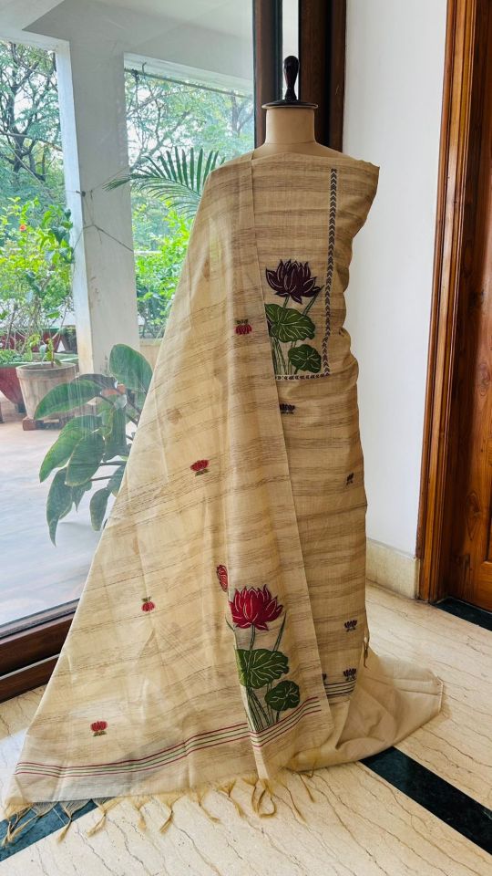 Beige Linen Jamdani Dress Material with Lotus Motifs & Matching Dupatta