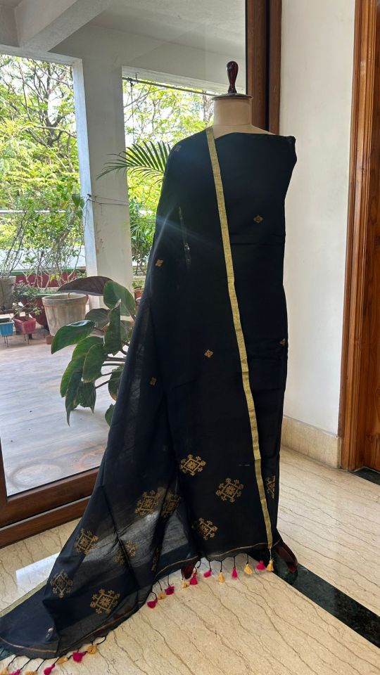 Black Linen Dress Material with Golden Printed Dupatta