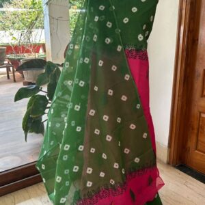 Green Printed Dress Material with Contrast Pink Designer Dupatta