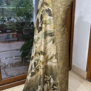 Olive Beige Linen Dress Material with Floral Printed Dupatta