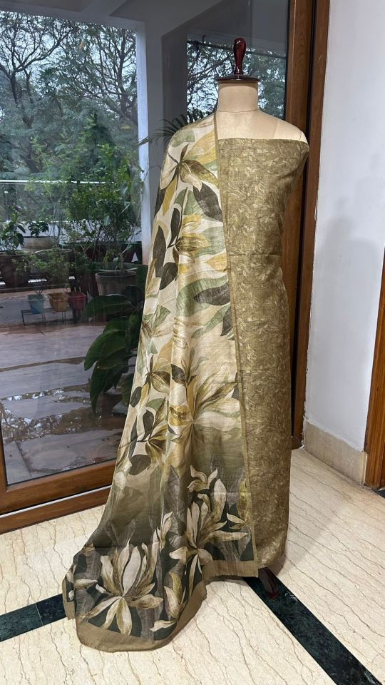 Olive Beige Linen Dress Material with Floral Printed Dupatta