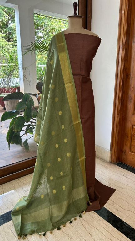 Brown Linen Dress Material with Green Linen Dupatta & Zari Detailing