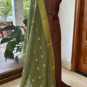 Coffee Brown Linen Dress Material with Zari Border Buti Dupatta