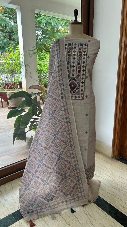 Linen Dress Material with Bujodi Style Kutch Work & Linen Dupatta