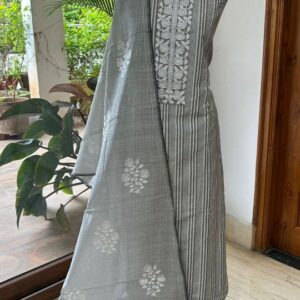 Grey Cotton Dress Material with Embroidered Neck & Floral Digital Print Dupatta