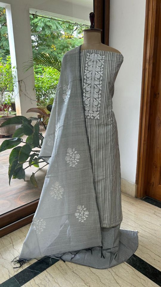 Grey Cotton Dress Material with Embroidered Neck & Floral Digital Print Dupatta