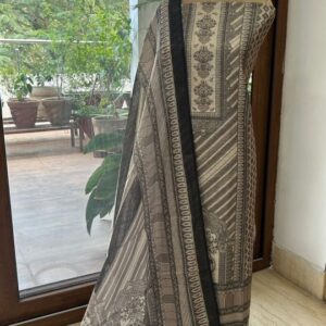 Grey Linen Dress Material with Bujodi Style Kutch Work & Linen Dupatta