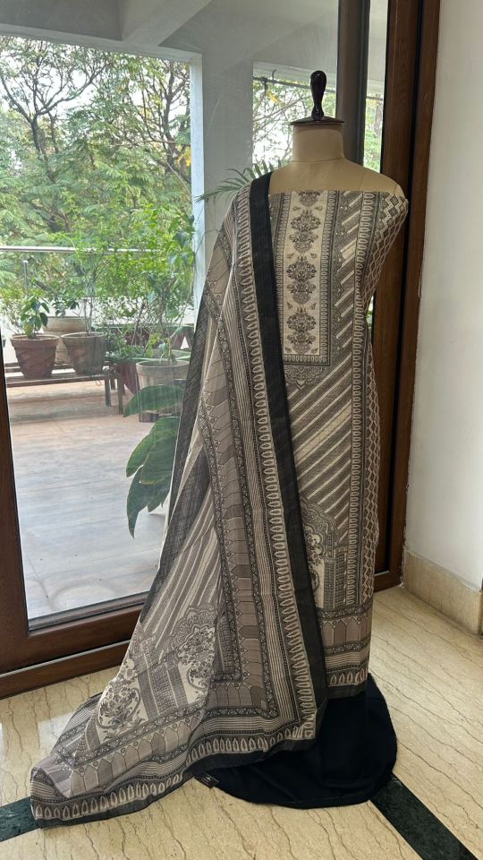Grey Linen Dress Material with Bujodi Style Kutch Work & Linen Dupatta