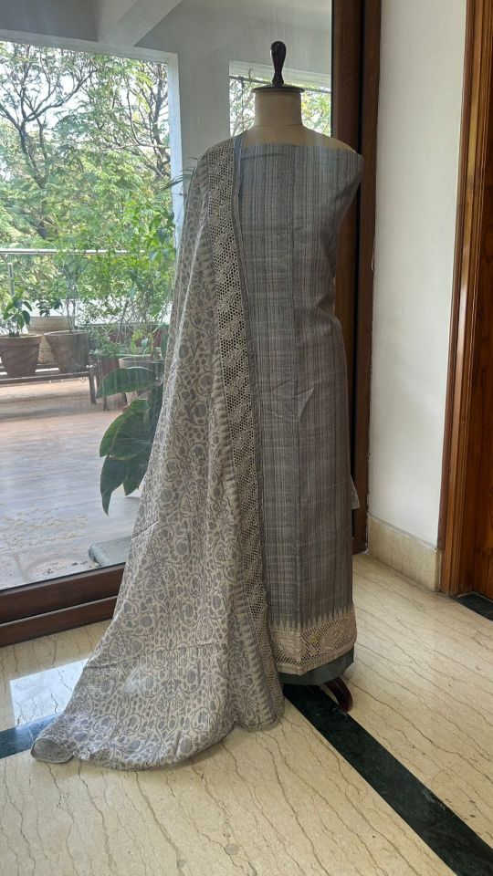 Grey Dress Material with Golden Border & Printed Dupatta
