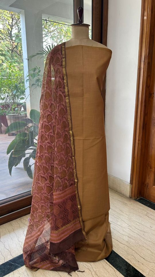 Khaki Linen Dress Material with Red Printed Dupatta