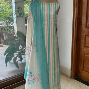 Pastel Linen Dress Material with Cutwork Embroidery & Floral Digital Print Dupatta