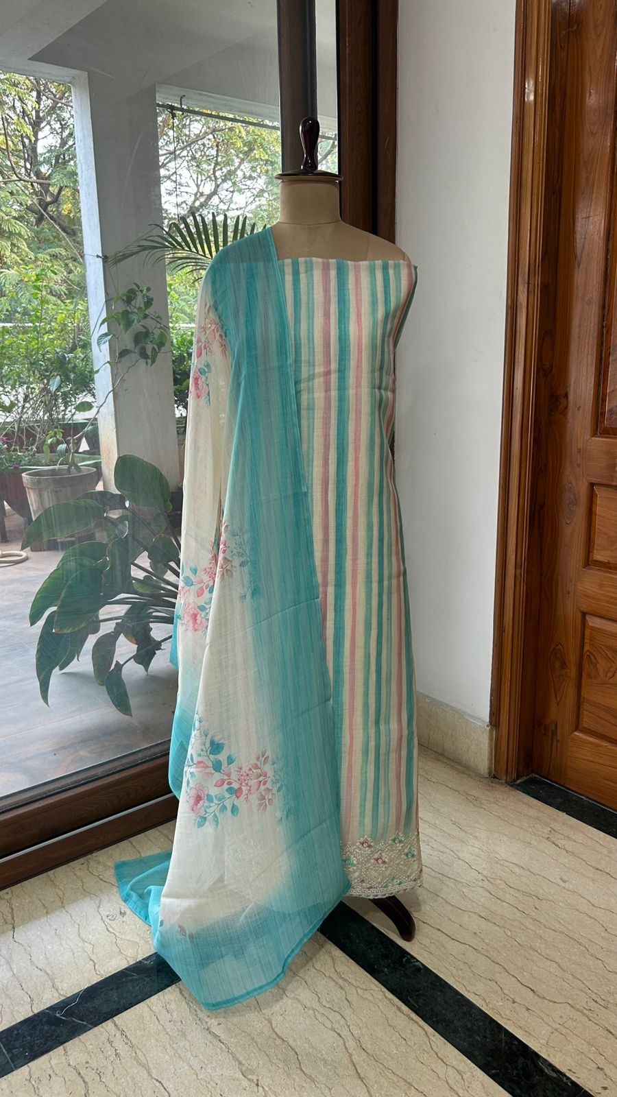 Pastel Linen Dress Material with Cutwork Embroidery & Floral Digital Print Dupatta