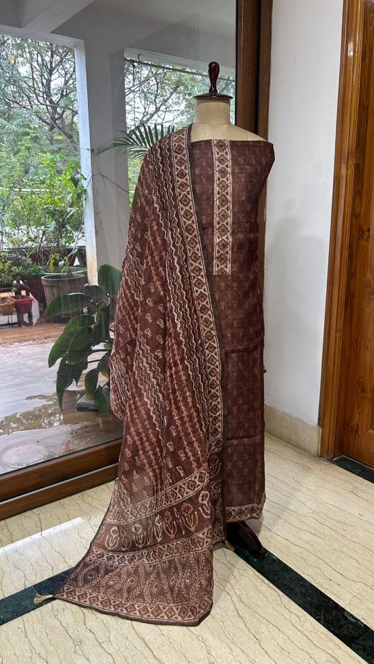 Brown Ethnic Printed Dress Material with Traditional Designer Dupatta