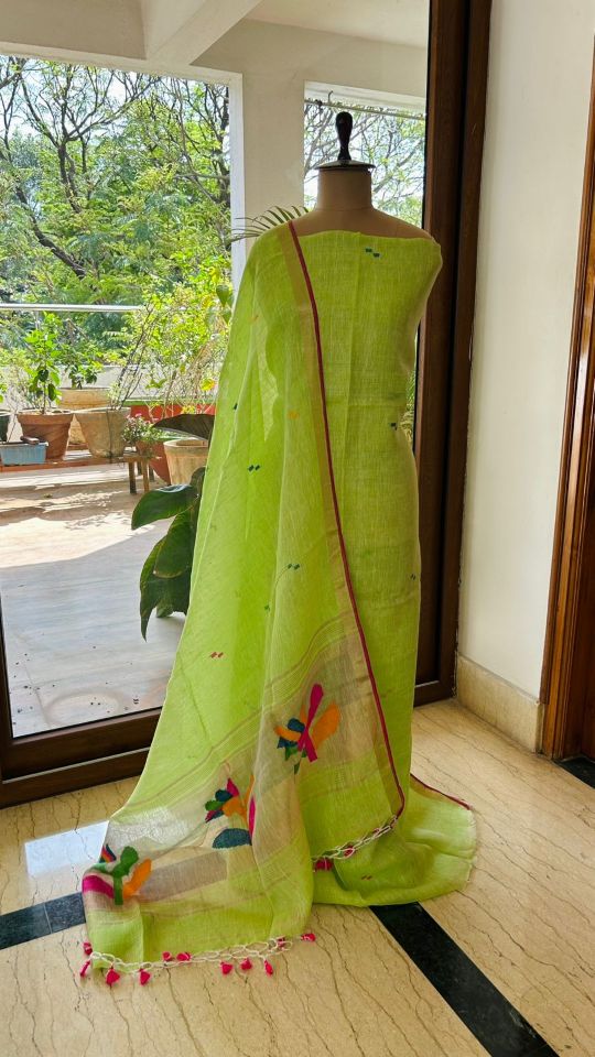 Parrot Green Linen Jamdhani Dress Material with Floral Designer Dupatta