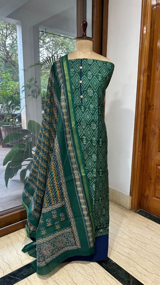 Dark Green Ethnic Printed Dress Material with Traditional Designer Dupatta
