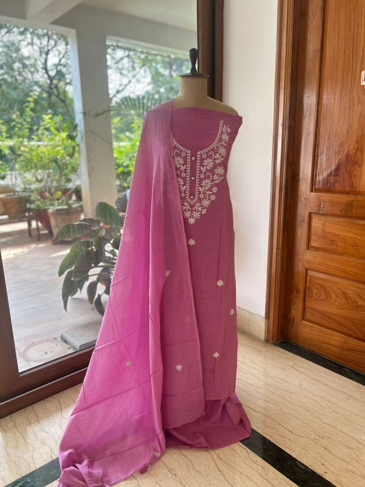 Pink Linen Dress Material with Embroidered Neck, Butis & Matching Dupatta