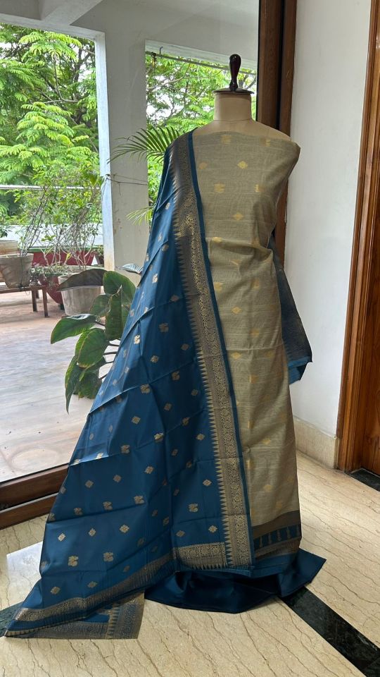 Elegant Woven Dress Material with Floral Motifs & Designer Border Dupatta