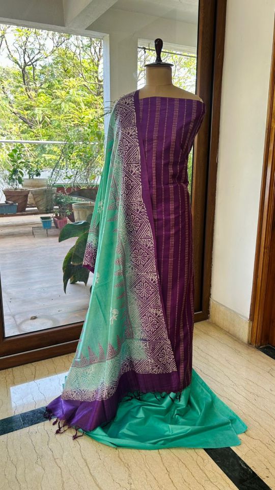 Purple & Sea Green Katan Dress Material with Contrast Dupatta