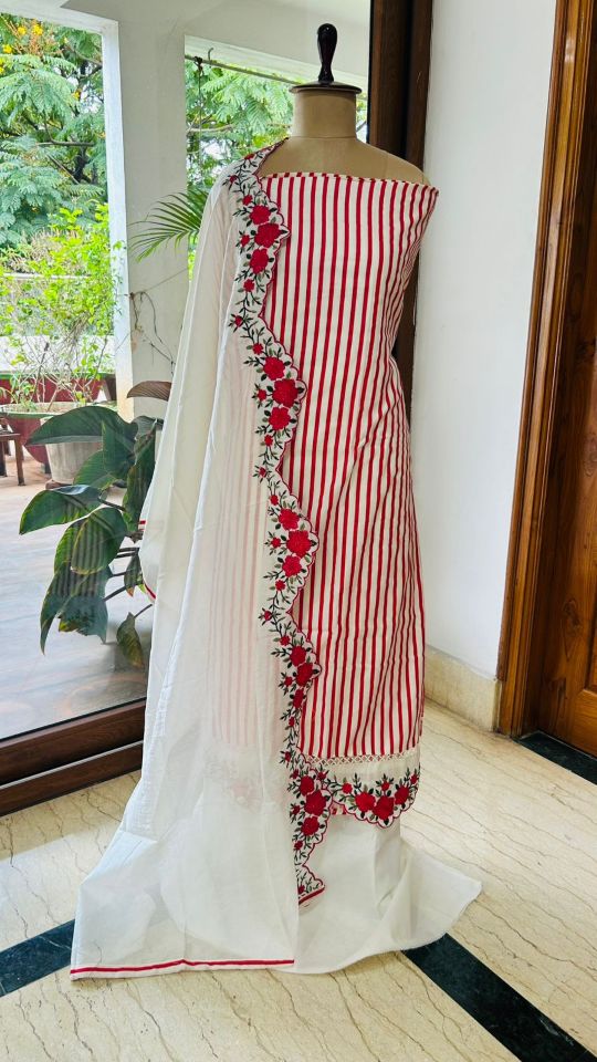 Red Striped Fancy Dress Material with Organza Designer Daaman & Embroidered Dupatta