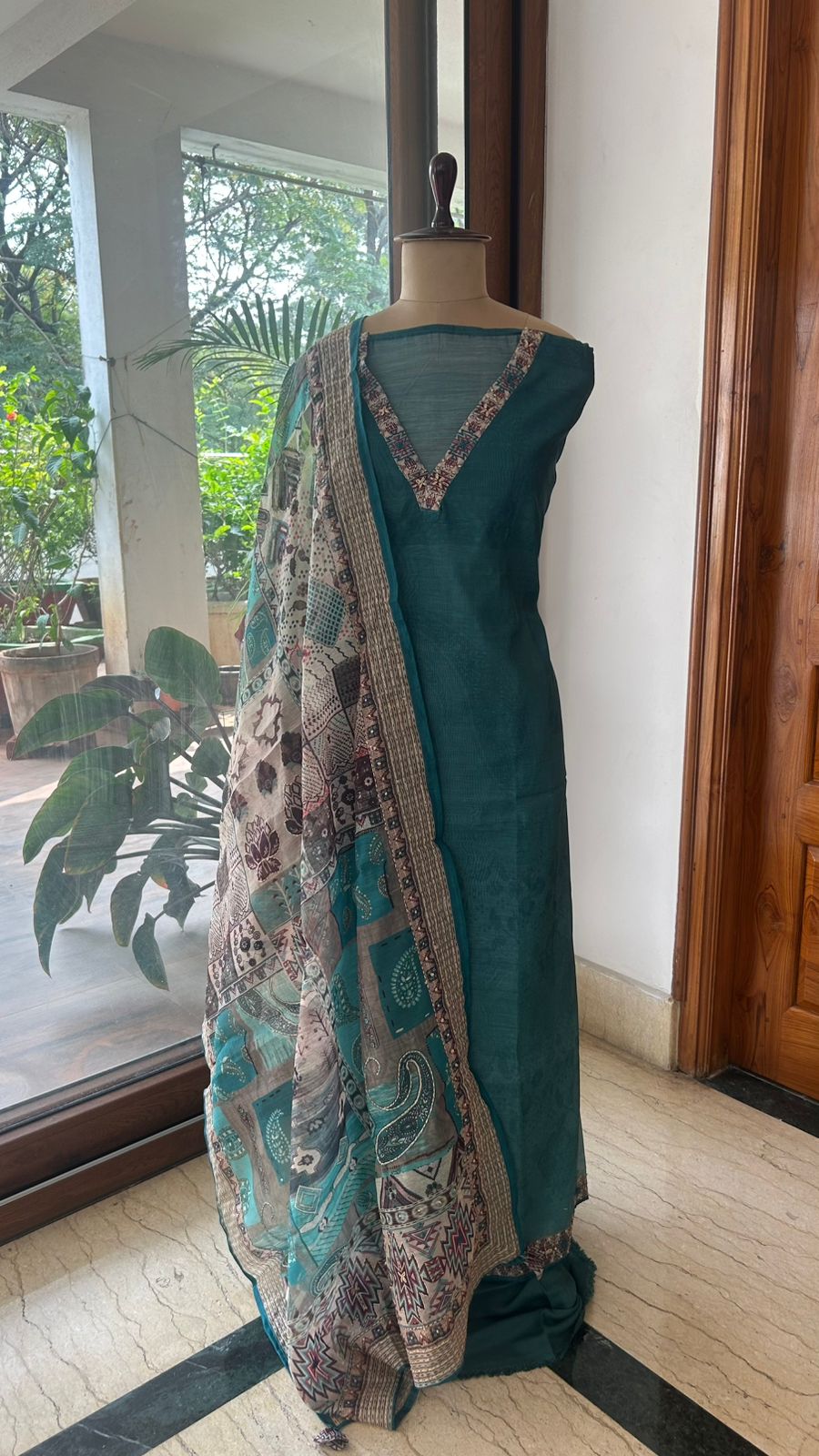 Chanderi 3-Piece Dress Material with Kantha Stitch Detailing & Patchwork Dupatta