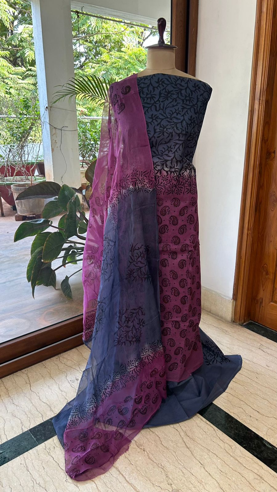 Venkatagiri Pure Handloom Cotton 3-Piece Dress Material with Handblock Print