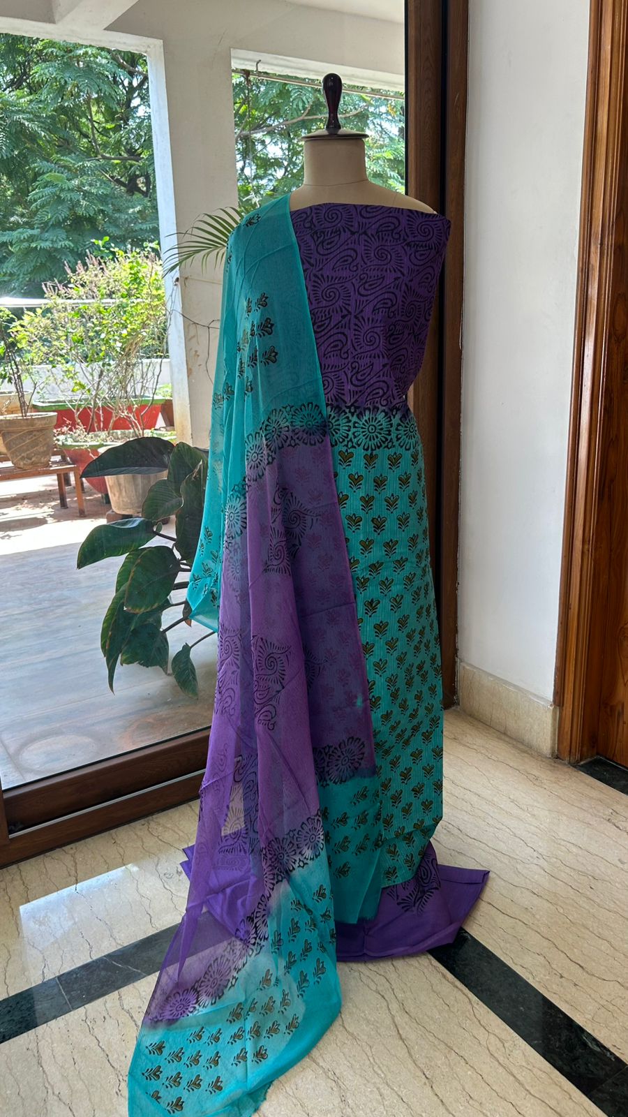Venkatagiri Pure Handloom Cotton 3-Piece Dress Material with Handblock Print