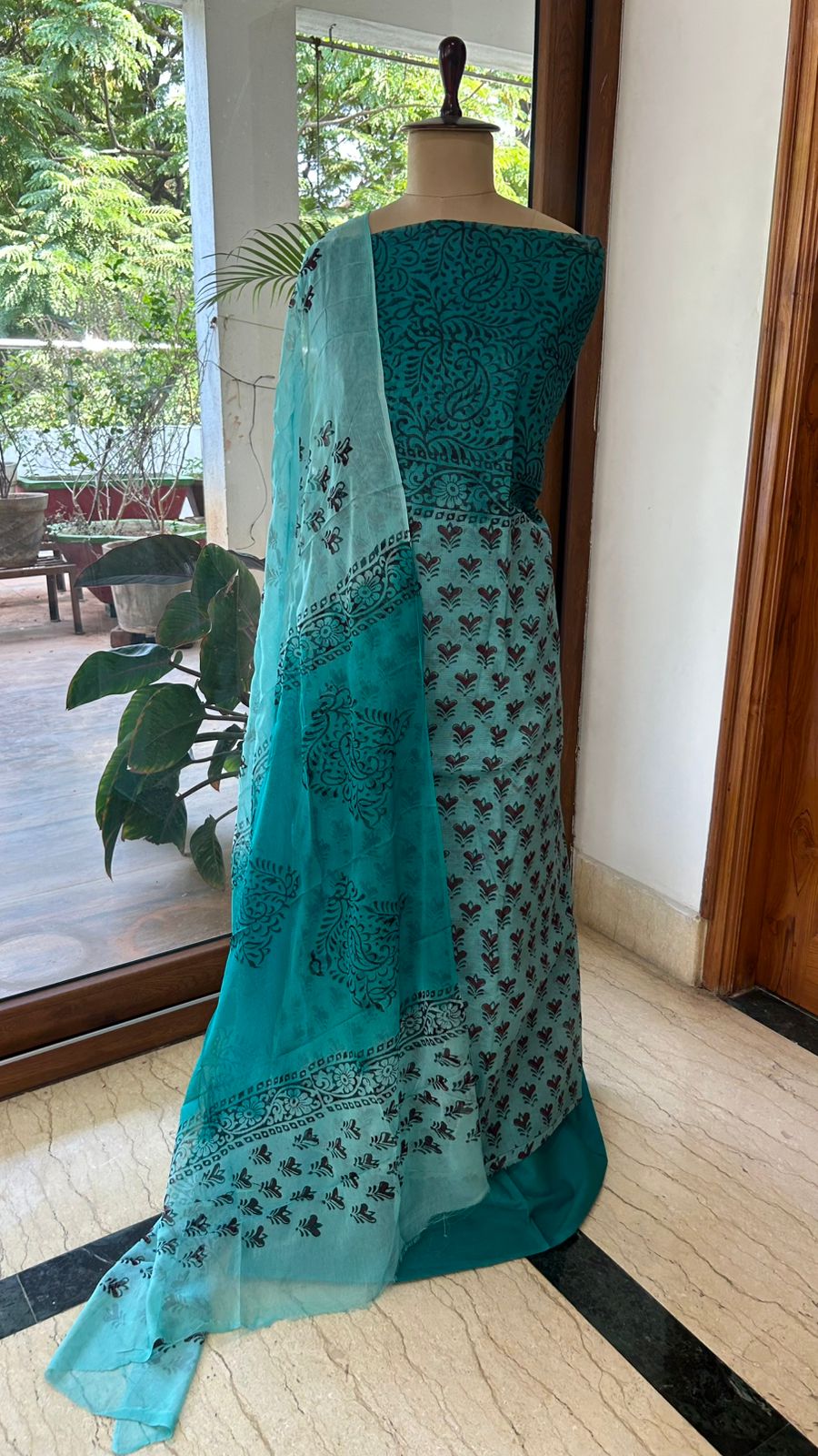 Venkatagiri Pure Handloom Cotton 3-Piece Dress Material with Handblock Print