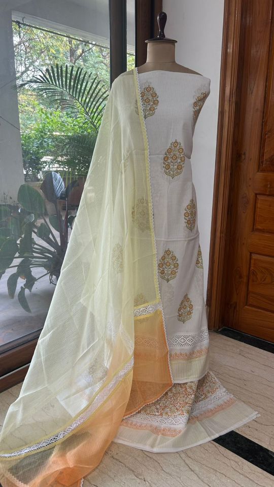 Pure Cotton Dress Material with Gold Prints & Ombre Cotton Dupatta